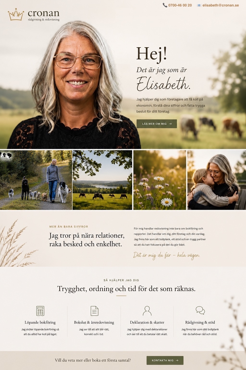 Cronans startsida med presentation av Elisabeth, tjänster och kontaktväg.